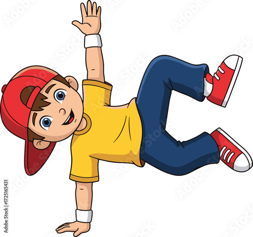 Cartoon breakdancing boy character, energetic street dance pose, hip hop style illustration, youthful movement artwork, isolated white background vector design