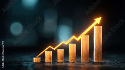Growing Business Success Concept with Bar Graph and Arrow Indicator in Dark Background