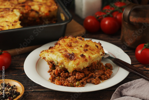 A shepherd's pie, freshly backed and ready to be served. Traditional English dish