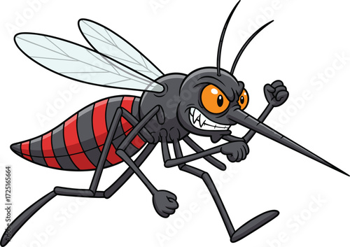 Cartoon mosquito vector, fierce insect character, aggressive pose, red striped body, clenched fists, flying bug mascot, dynamic design, sharp teeth