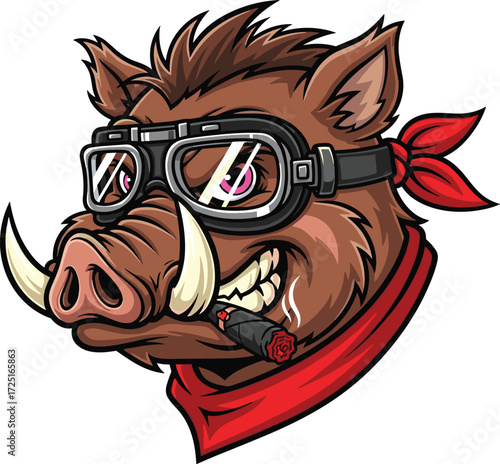Cartoon wild boar head, fierce animal character illustration, biker style mascot vector, smoking cigar artwork, isolated white background design
