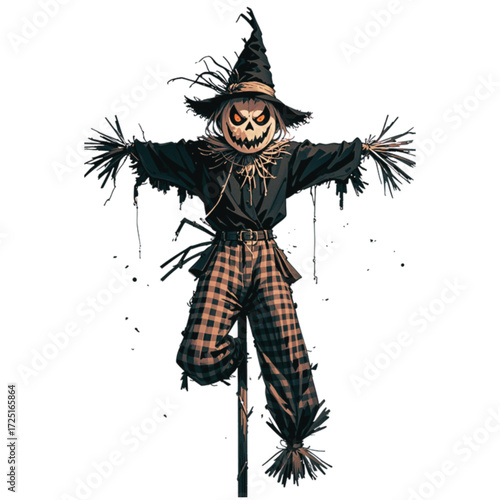 vector illustration of a scarecrow with a scary halloween pumpkin head