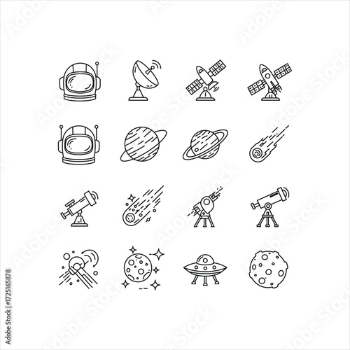 Explore outer space with this cosmic line art featuring astronauts, planets, satellites, telescopes and UFOs for all your space themed designs
