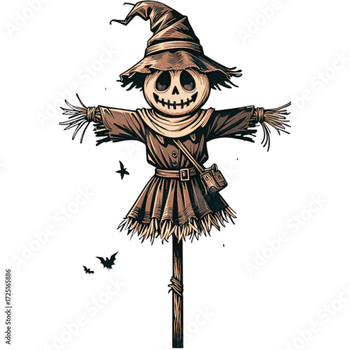 vector illustration of a scarecrow with a scary halloween pumpkin head