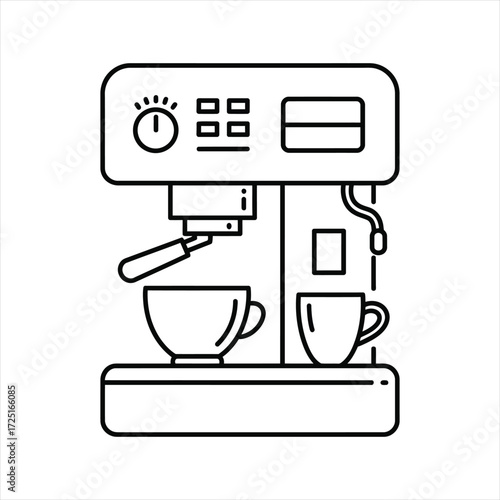 Modern espresso machine with two cups ready for your morning coffee, simple line art for cafes or home brewing enthusiasts, drink preparation