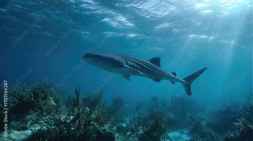 Fototapeta premium Graceful Whale Shark Swims Through Deep Blue Ocean Waters Surrounded by Coral and Sunlight Rays