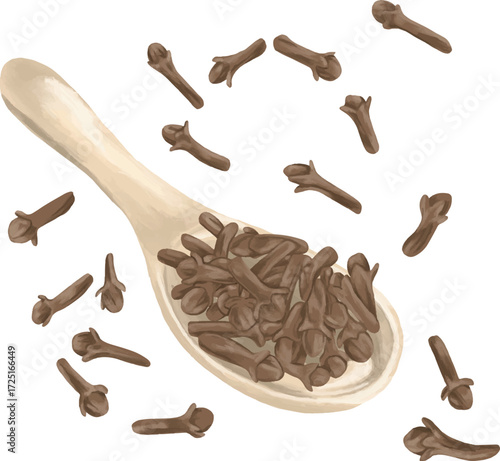 Hand Drawing Painting of Clove on Spoon Botanical Illustration