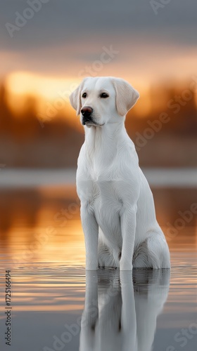 Serene Retriever: A stunning yellow retriever sits gracefully beside calm water. Reflecting the warm hues of a vibrant sunset. A serene moment captured in this beautiful composition.
