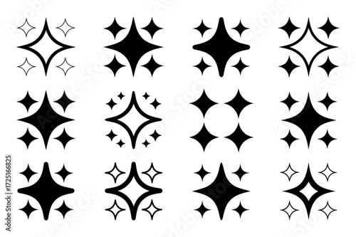 Collection of Black Sparkle Icons and Starburst Symbols