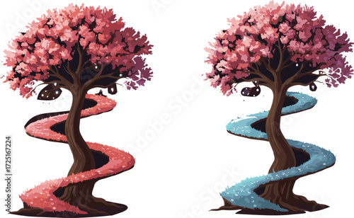 fantasy tree illustration, pink blossom tree, blue spiral path, whimsical nature art, surreal forest design, magical landscape vector, cad drawing flat vector illustration