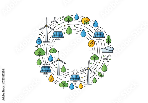 Sustainable Green Energy Technology Circular Illustration of Eco-Friendly Power and Environmental Concepts