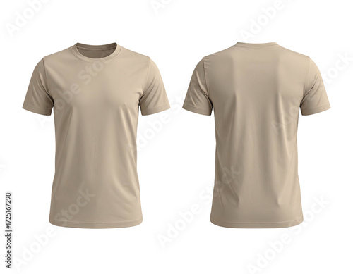 Front and back view of a light beige, plain men's t-shirt