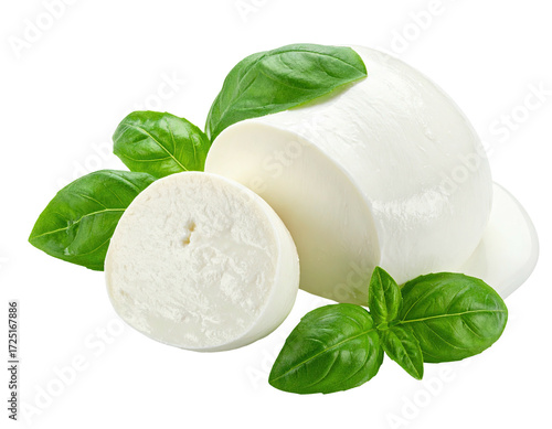 Fresh mozzarella slices with basil leaves