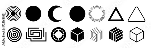 Collection of Geometric Shapes and Abstract Icons in Black and White