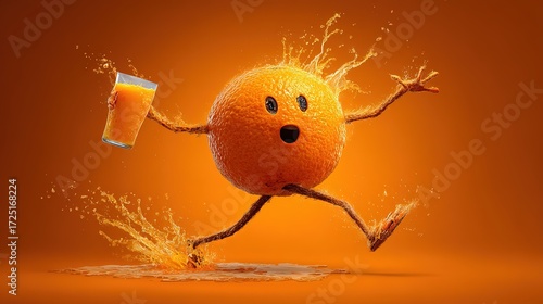 Running Anthropomorphic Orange with Orange Juice, Energetic Juice Creative Element