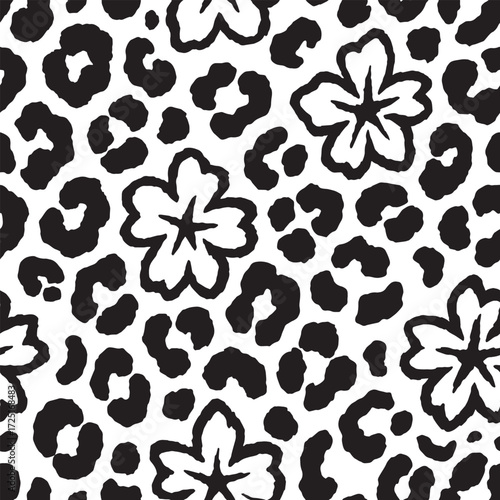 Leopard skin with flowers seamless pattern design. Animal print vector illustration background. Wildlife fur skin design illustration for web, home decor, fashion, surface, graphic design