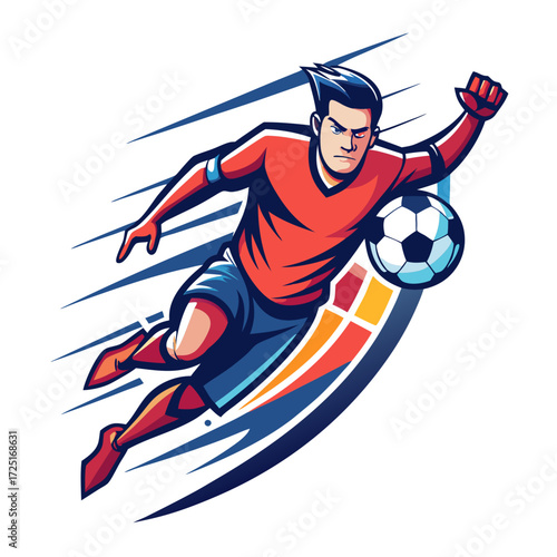 Dynamic soccer player graphic lunging forward with ball illustration