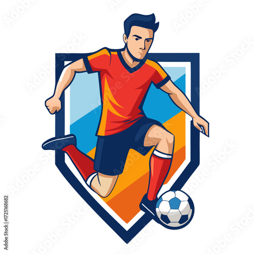 Dynamic soccer player with shield emblem illustration artwork