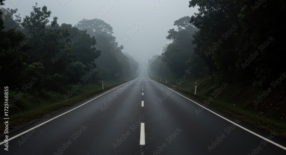 Naklejka premium A lonely asphalt road disappears into the thick fog and trees