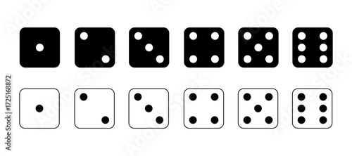 Game dice Icon with side of cube from one to six number. Set of black and white icon sided for gamble. Dot on cube of casino.