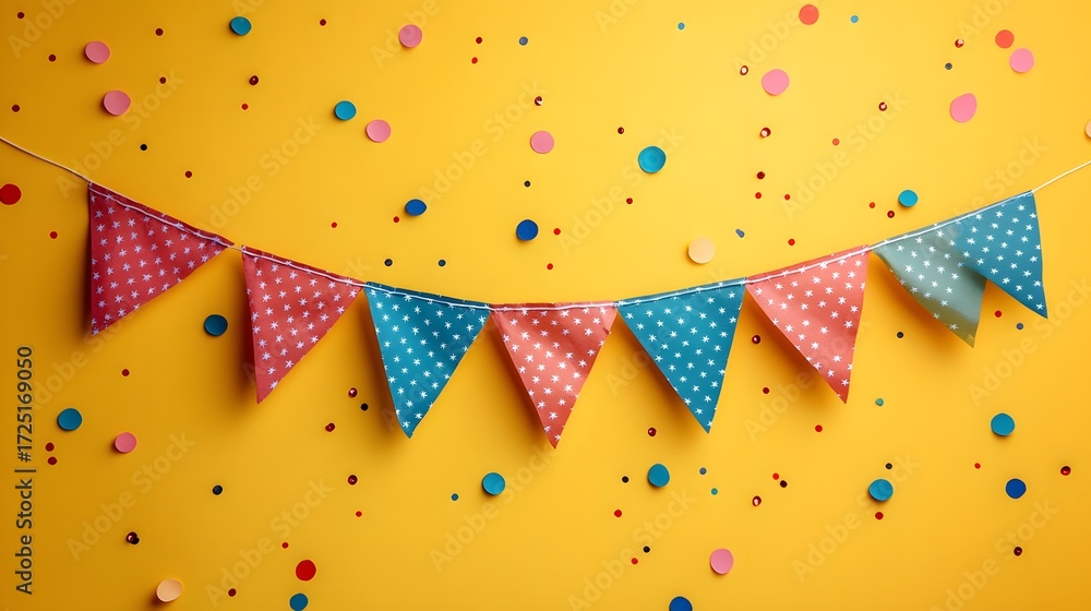 Fototapeta premium Colorful party decorations with bunting and confetti on a bright yellow background
