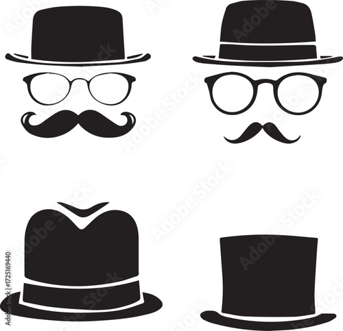 Stylized hat silhouette grid with bowler, fedora, cowboy, and top hat in vintage fashion illustration
