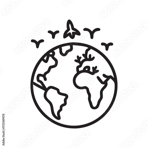 Earth Globe Outline with Birds Flying Vector Illustration Isolated