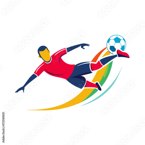 Dynamic soccer player kicking a ball, vector illustration