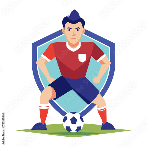 Cartoon soccer player with ball, hands on hips, confident