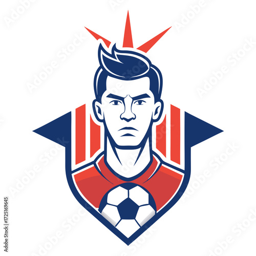 Soccer player mascot logo with ball and patriotic shield