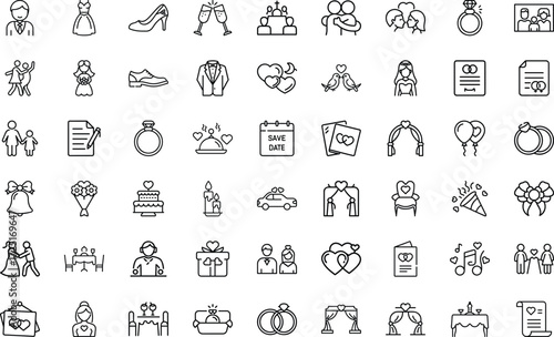 Family and wedding icon set. marriage, ceremony, party, love, rings, dress, tuxedo, church, car, bouquet, dinner, celebration, relationship, couple, outline vector icons on white background.  