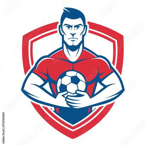 Soccer player holding ball in shield sports emblem illustration