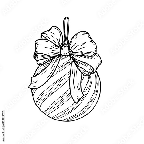 Christmas balls with bows, black and white sketch. Vector illustration. New Year's holiday decoration, isolated on a white background. For printing on postcards, invitations, packaging and textiles
