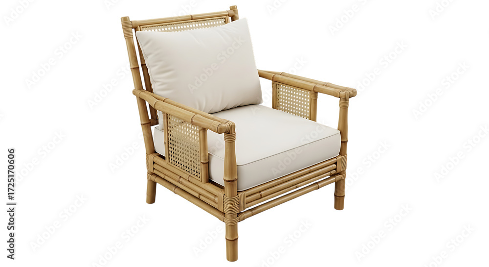 Fototapeta premium Bamboo Armchair with Cushion Isolated on Transparent Background