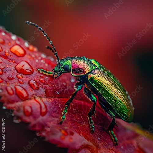 Iridescent Beetle on Leaf: A close-up shot of a vibrant, iridescent beetle glistening with raindrops, perched on a rich, red leaf. Demonstrating nature's intricate details