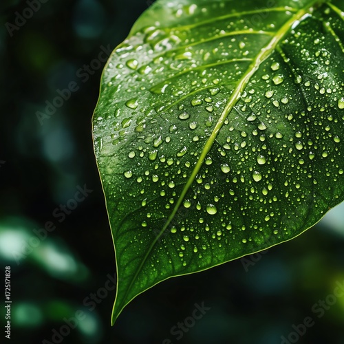 Dew-Kissed Leaf: A vibrant green leaf, glistening with morning dew, presents a close-up view, revealing the delicate beauty and intricate textures of nature, showcasing nature's elegance and purity.