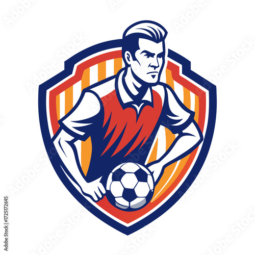 Cartoon Soccer Player Badge Illustration with Ball and Shield