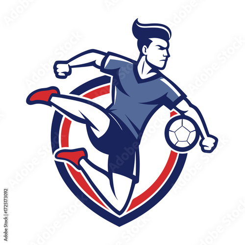 Dynamic soccer player kicking ball emblem vector illustration