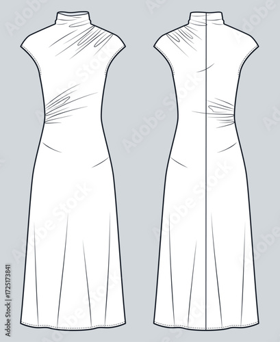 Women sleeveless long Dress with high collar Technical Fashion Illustration. Draped Dress fashion flat technical drawing template, front and back view, white, women CAD mockup.