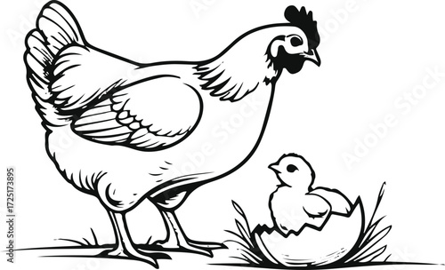 Hen watching chick hatching line art – farm life, minimal vector, white background