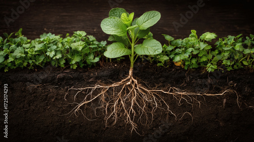 Vibrant green plant with strong root system thriving in rich dark soil symbolizing growth and life
