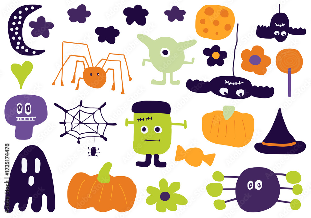 Fototapeta premium Whimsical Halloween doodles evoke playful spookiness, perfect for children’s crafts, party invites, or festive backgrounds, brimming with gentle monster charm.