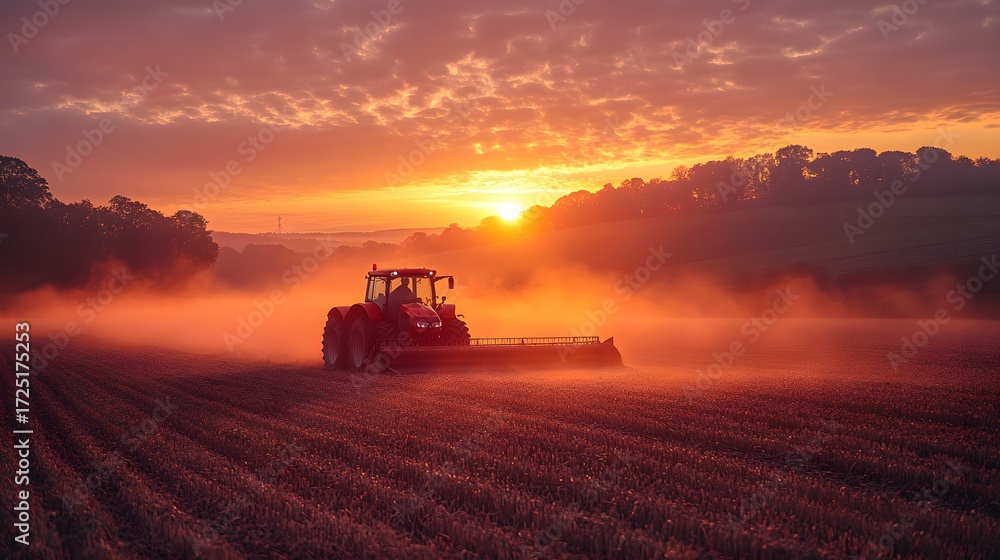 Fototapeta premium Tractor plows field during vibrant sunset with mist and shadows in peaceful countryside landscape
