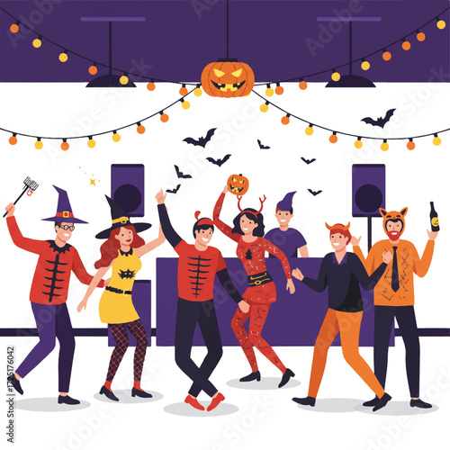 Vampire, zombie, and fairy join diverse adults in Halloween costumes, dancing and mingling in a room with string lights and bats, 2D vector.