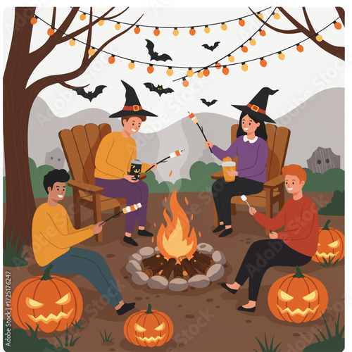 A flat 2D vector illustration shows friends enjoying a cozy backyard Halloween bonfire party, roasting marshmallows and sharing spooky stories amidst carved pumpkins and string lights.