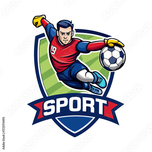 Dynamic soccer goalkeeper leaping with ball in front of shield