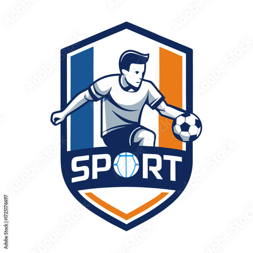 Dynamic soccer player dribbling ball on shield logo background