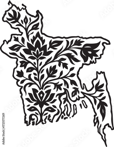 Elegant black and white floral design element illustration with vintage swirl ornament pattern and leaf silhouette