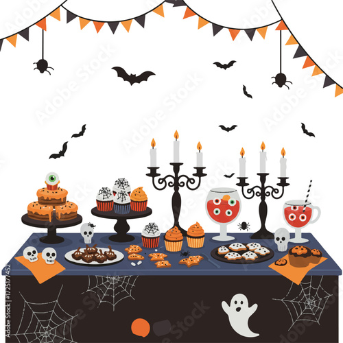 Halloween party buffet table, a flat 2D vector illustration, features spooky spiderweb cupcakes, monster eye punch, ghostly cookies, decorative skulls, and lit candles.