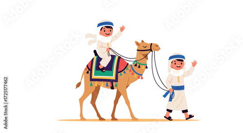 Two happy children in traditional Arabic clothing riding a camel.